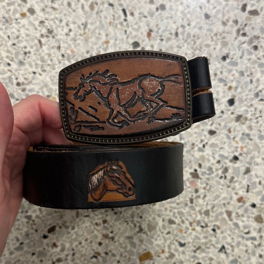 Brown leather horse belt with engraved buckle large L rodeo cowboy 47”